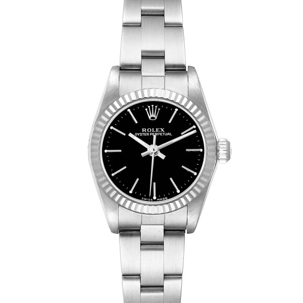 Rolex Oyster Perpetual Steel White Gold Black Dial Ladies Watch 76094