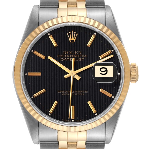 Rolex Datejust Steel Yellow Gold Black Tapestry Dial Mens Watch 16233