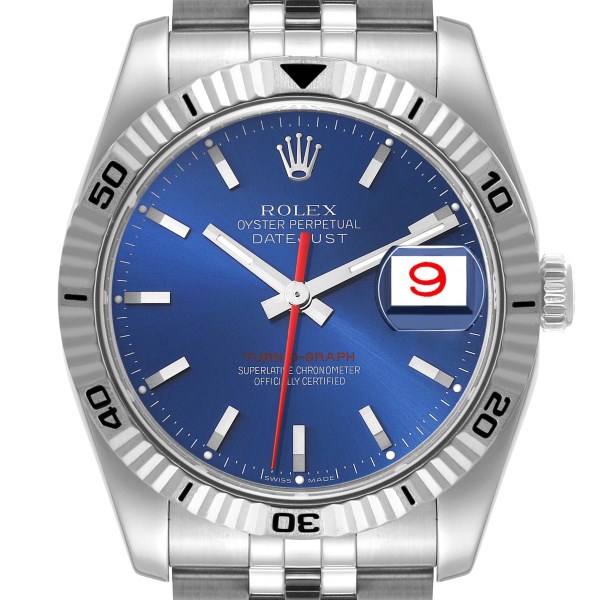 Rolex Datejust Turnograph Steel White Gold Blue Dial Mens Watch 116264 Box Card