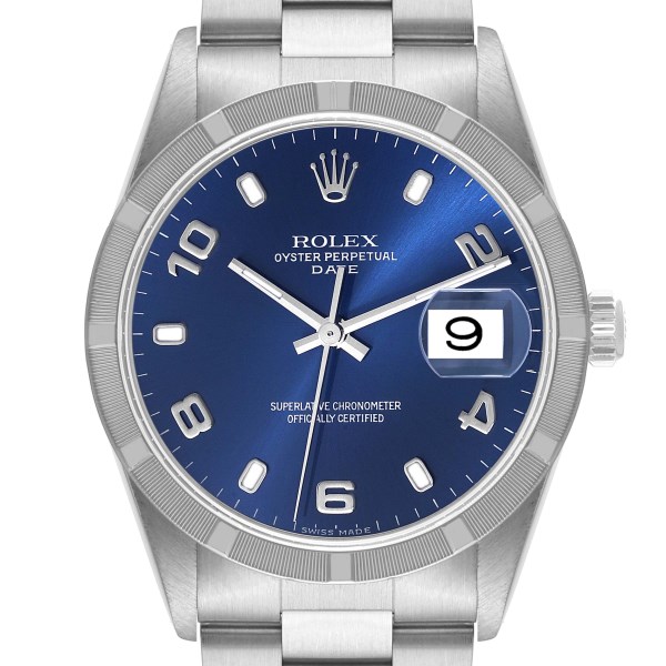 Rolex Date Blue Dial Engine Turned Bezel Steel Mens Watch 15210