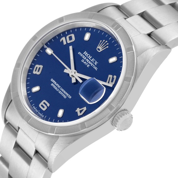 Rolex Date Blue Dial Engine Turned Bezel Steel Mens Watch 15210