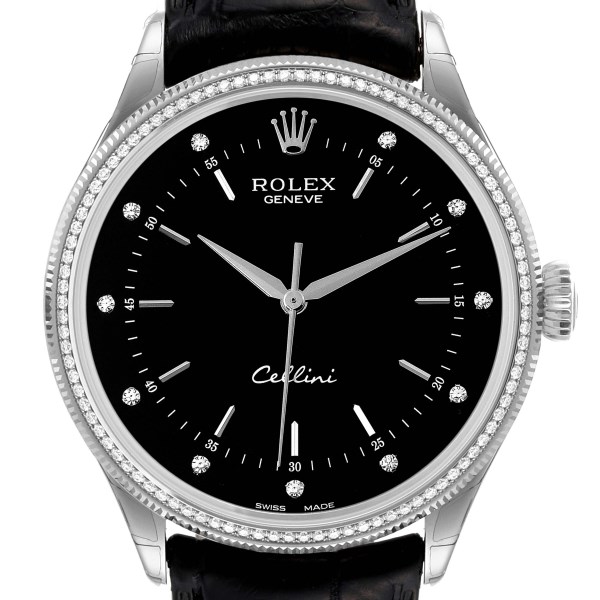 Rolex Cellini Time White Gold Black Dial Diamond Bezel Mens Watch 50609 Box Card