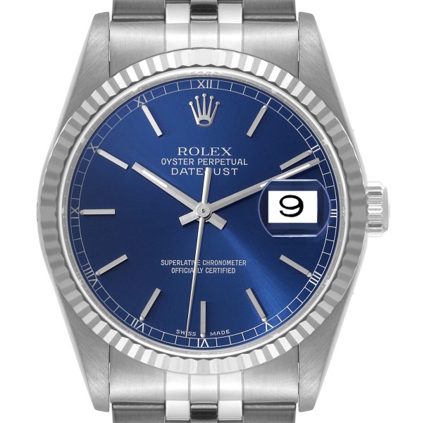 Rolex Datejust Blue Dial Steel White Gold Mens Watch 16234