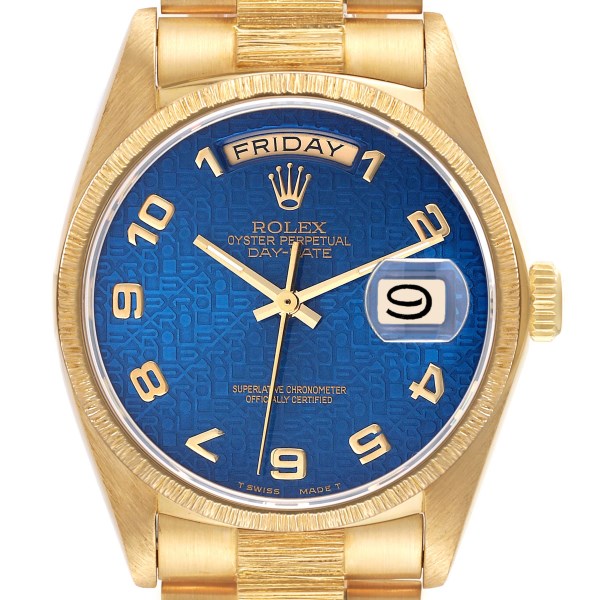 Rolex Day-Date President Yellow Gold Blue Dial Bark Finish Mens Watch 18078