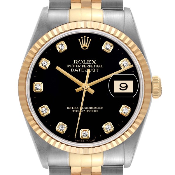 Rolex Datejust Steel Yellow Gold Black Diamond Dial Mens Watch 16233