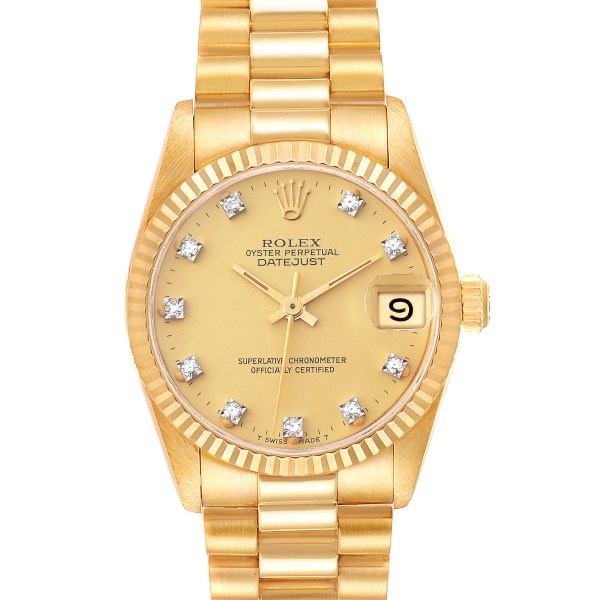 Rolex President 31 Datejust Midsize Yellow Gold Diamond Ladies Watch 68278