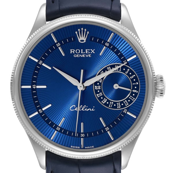 Rolex Cellini Date White Gold Blue Dial Mens Watch 50519 Box Card