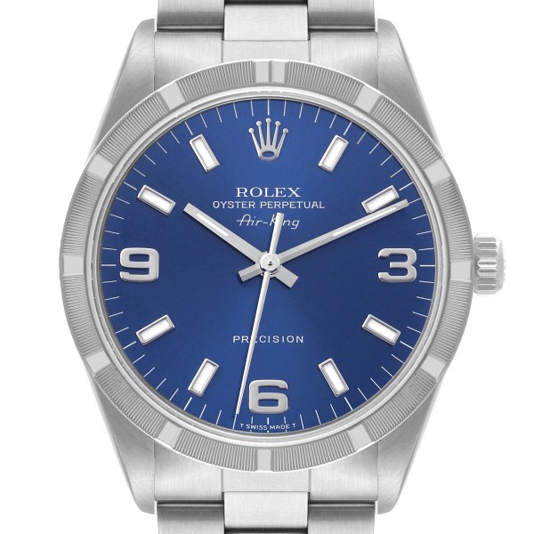 Rolex Air King 34mm Blue Dial Engine Turned Bezel Steel Mens Watch 14010