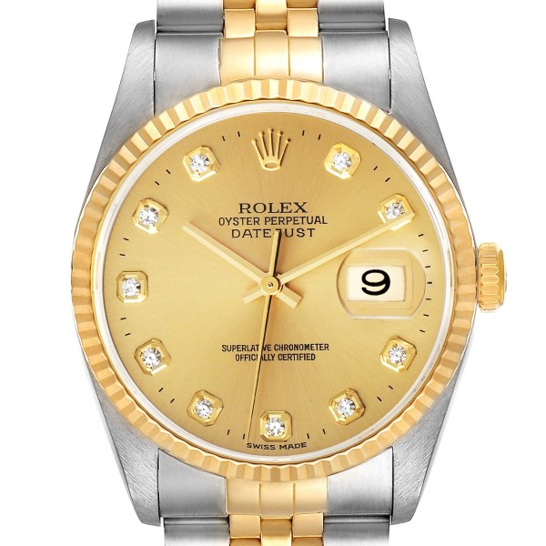 Rolex Datejust Steel Yellow Gold Champagne Diamond Dial Mens Watch 16233
