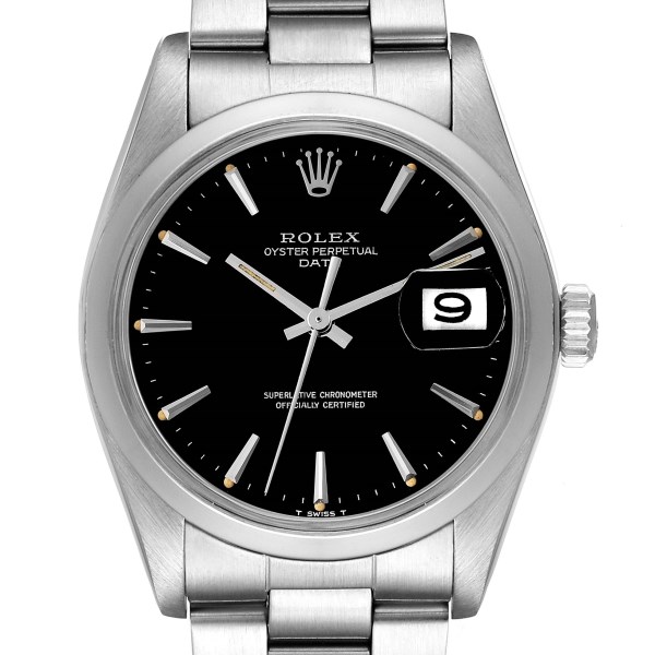 Rolex Date Smooth Bezel Black Dial Steel Vintage Mens Watch 1500