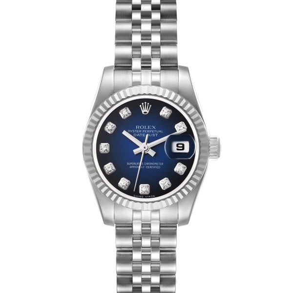 Rolex Datejust Steel White Gold Blue Vignette Diamond Dial Ladies Watch 179174