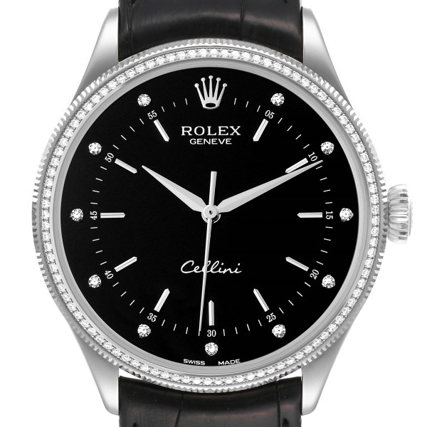 Rolex Cellini White Gold Black Dial Diamond Mens Watch 50609 Box Card