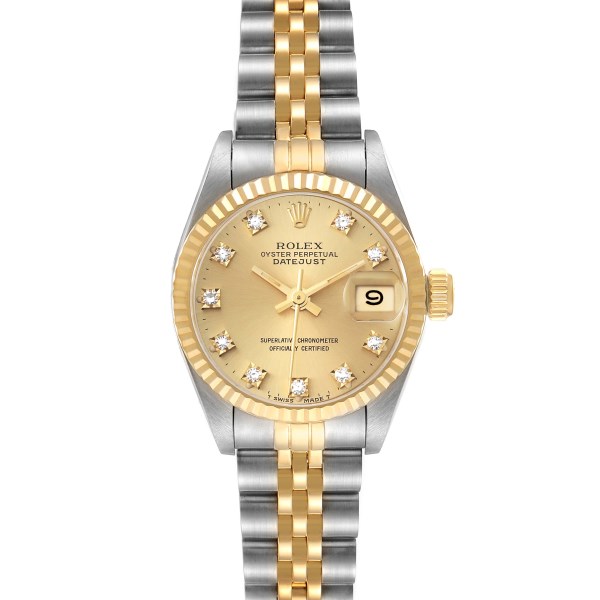 Rolex Datejust Steel Yellow Gold Champagne Diamond Dial Ladies Watch 69173