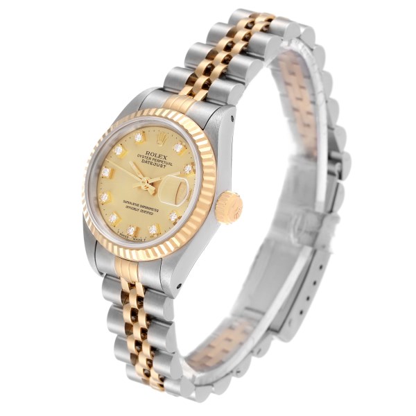 Rolex Datejust Steel Yellow Gold Champagne Diamond Dial Ladies Watch 69173