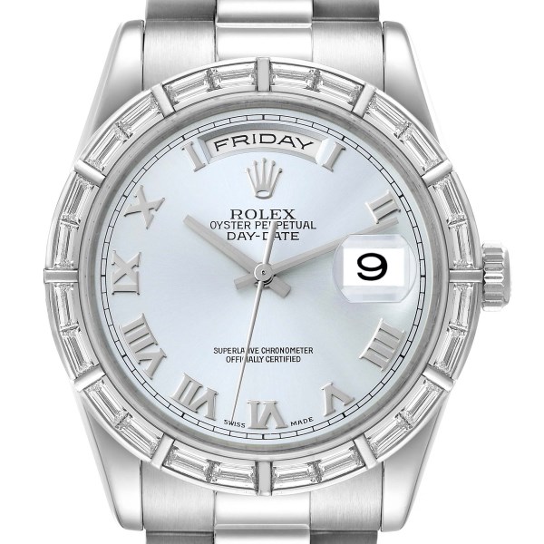 Rolex President Day-Date Platinum Ice Blue Dial Diamond Bezel Watch 118366 Box