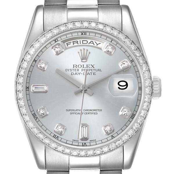 Rolex President Day-Date Platinum Ice Blue Diamond Dial Bezel Mens Watch 118346