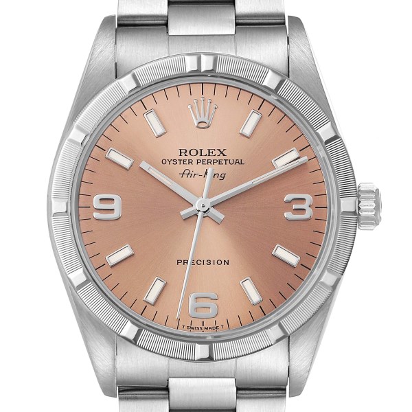 Rolex Air King 34 Salmon Dial Engine Turned Bezel Steel Mens Watch 14010