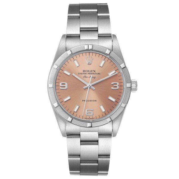 Rolex Air King 34 Salmon Dial Engine Turned Bezel Steel Mens Watch 14010