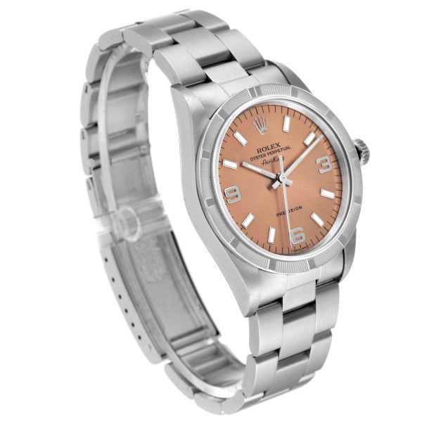 Rolex Air King 34 Salmon Dial Engine Turned Bezel Steel Mens Watch 14010