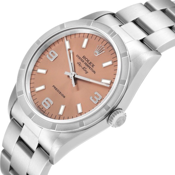 Rolex Air King 34 Salmon Dial Engine Turned Bezel Steel Mens Watch 14010