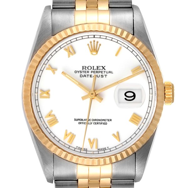 Rolex Datejust Steel Yellow Gold White Roman Dial Mens Watch 16233 Box Papers