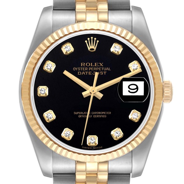 Rolex Datejust Steel Yellow Gold Black Diamond Dial Mens Watch 116233 Box Card