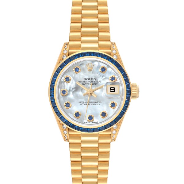 Rolex President Yellow Gold Mother of Pearl Diamond Sapphire Ladies Watch 69028 Box Service Card
