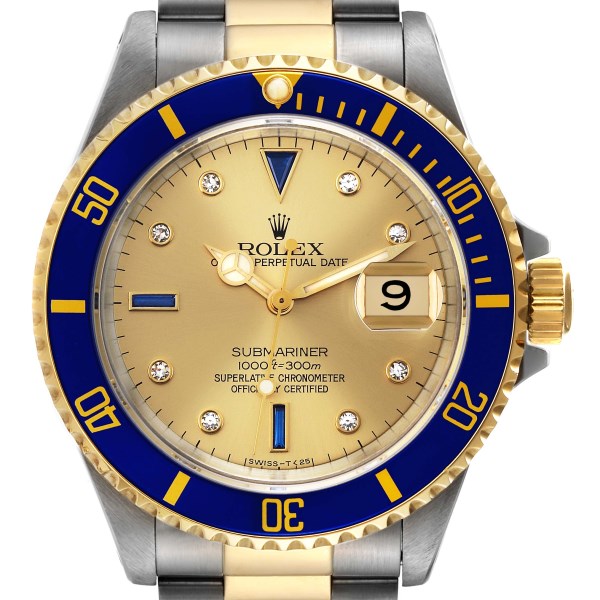 Rolex Submariner Steel Yellow Gold Diamond Sapphire Serti Dial Mens Watch 16613