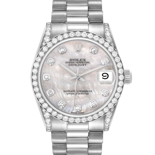 Rolex Datejust President Midsize Mother Of Pearl White Gold Diamond Ladies Watch 68159