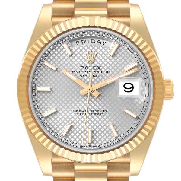 Rolex President Day-Date 40 Yellow Gold Silver Diagonal Dial Mens Watch 228238 Box Card