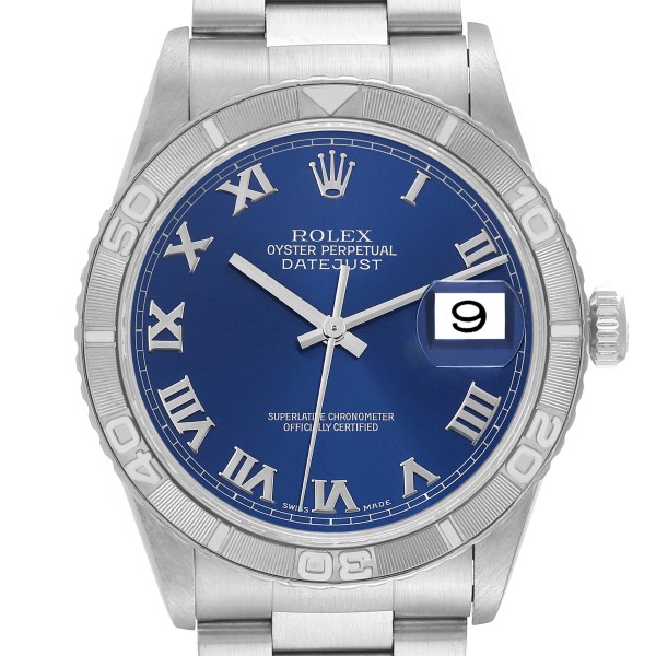 Rolex Datejust Turnograph Steel White Gold Blue Dial Mens Watch 16264