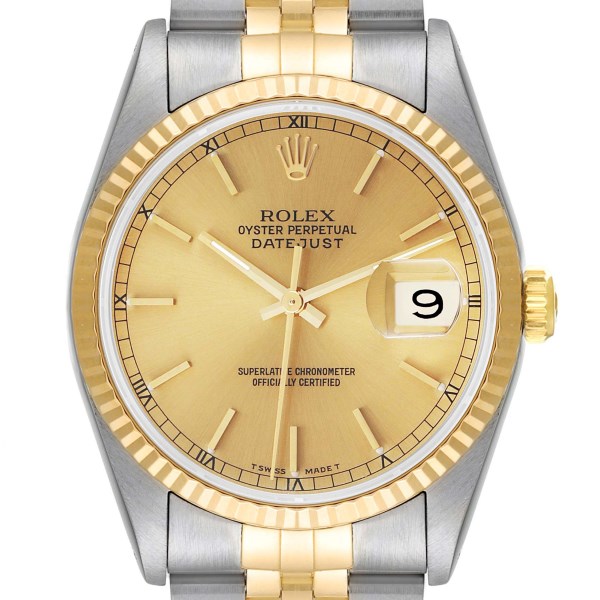 Rolex Datejust Steel Yellow Gold Fluted Bezel Mens Watch 16233