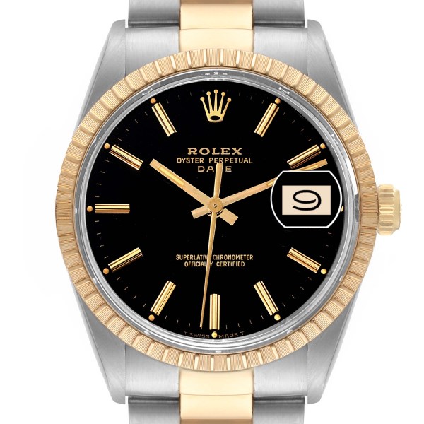 Rolex Date Steel Yellow Gold Engine Turned Bezel Black Dial Mens Watch 15053
