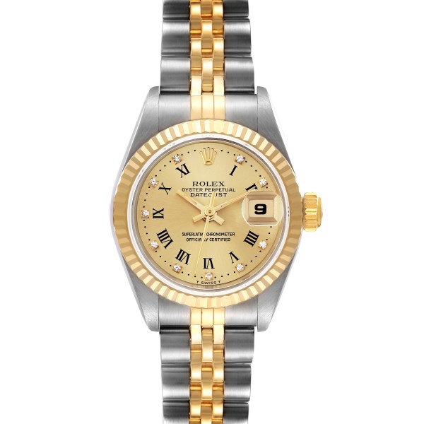 Rolex Datejust Steel Yellow Gold Champagne Diamond Dial Ladies Watch 69173