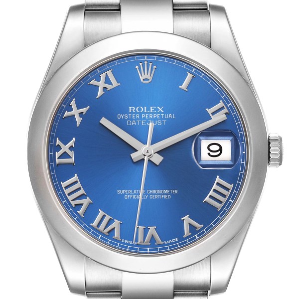 Rolex Datejust II Smooth Bezel Blue Roman Dial Steel Mens Watch 116300