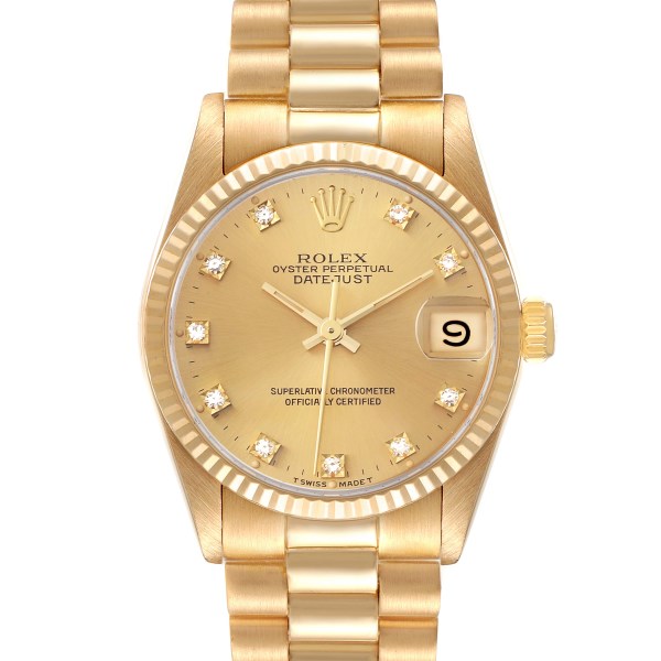 Rolex President Midsize Yellow Gold Diamond Ladies Watch 68278 Box Papers