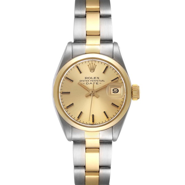 Rolex Date Steel Yellow Gold Smooth Bezel Champagne Dial Ladies Watch 6916