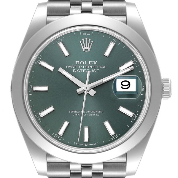 Rolex Datejust 41 Mint Green Dial Smooth Bezel Steel Mens Watch 126300 Box Card