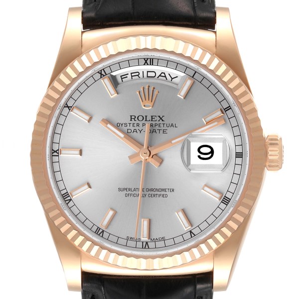 Rolex Day Date Rose Gold Silver Dial Mens Watch 118135 Box Card