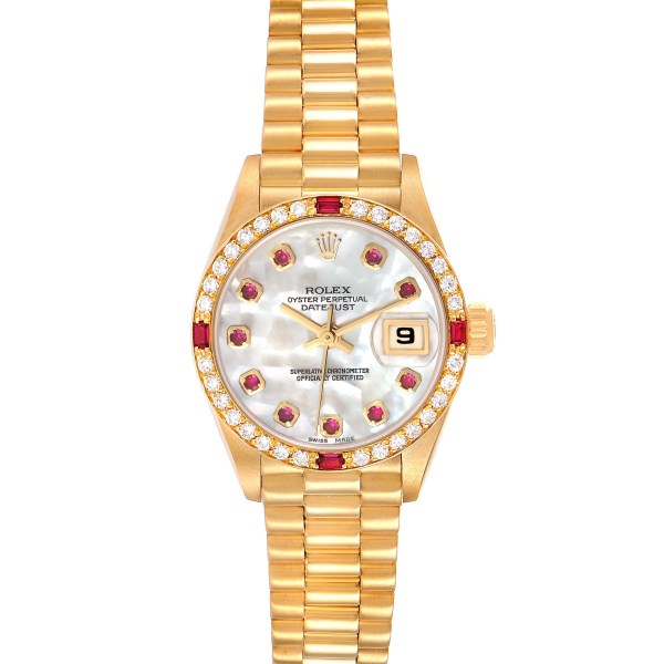 Rolex President Yellow Gold Mother of Pearl Diamond Ruby Ladies Watch 69068