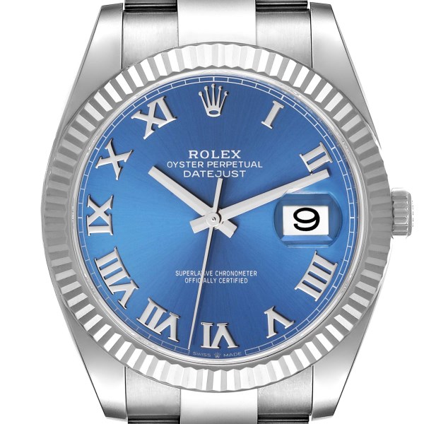 Rolex Datejust 41 Steel White Gold Blue Roman Dial Mens Watch 126334 Box Card